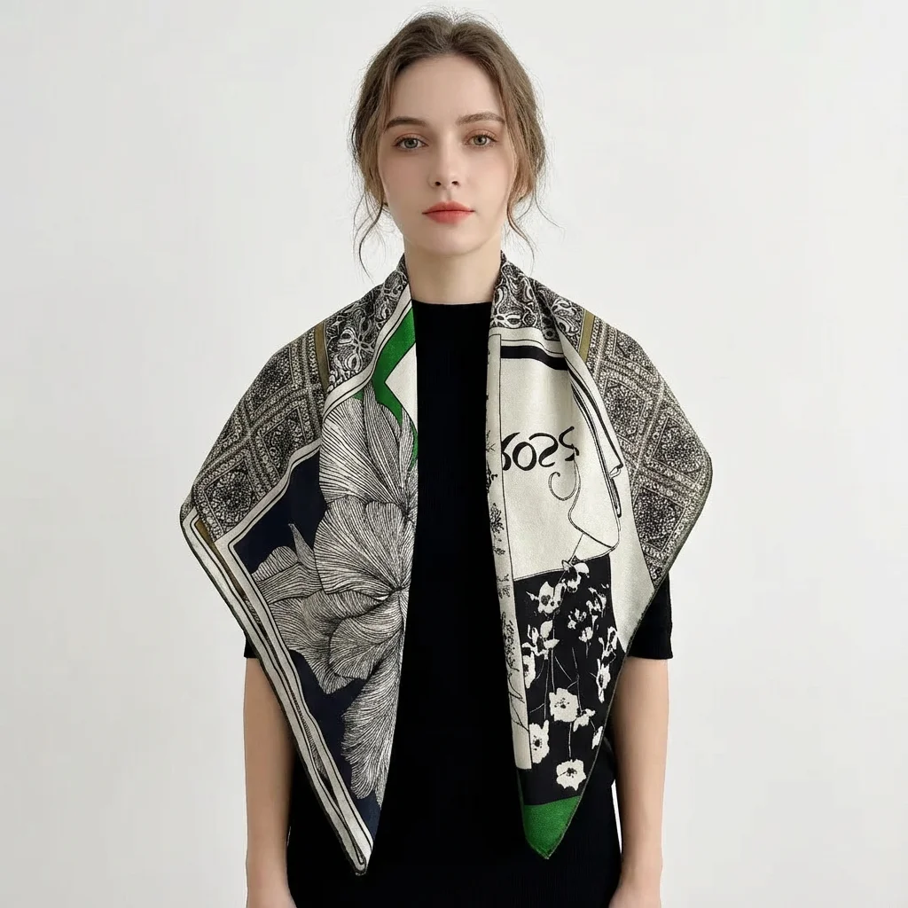 Silk and wool blend printed square scarf(90×90cm) - 图片 4